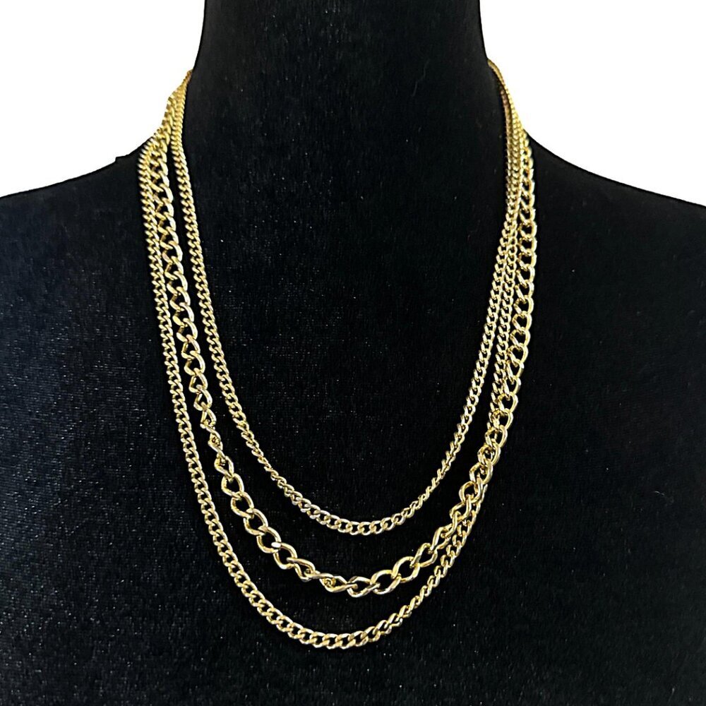 Vintage Necklace Triple Strand Gold Tone Chain Filigree Clasp